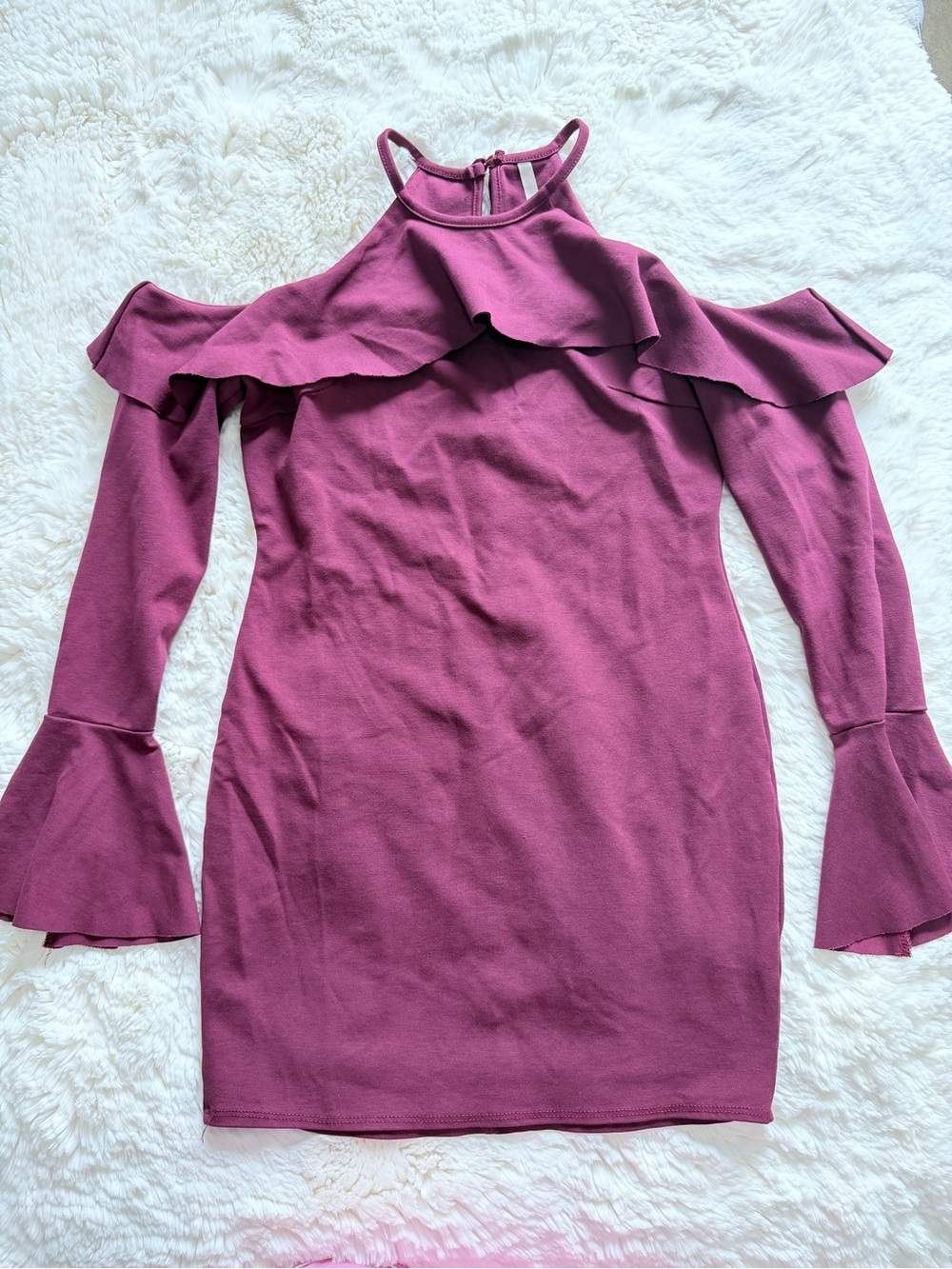 Sage Off-Shoulder Ruffle Bodycon Dress in Plum